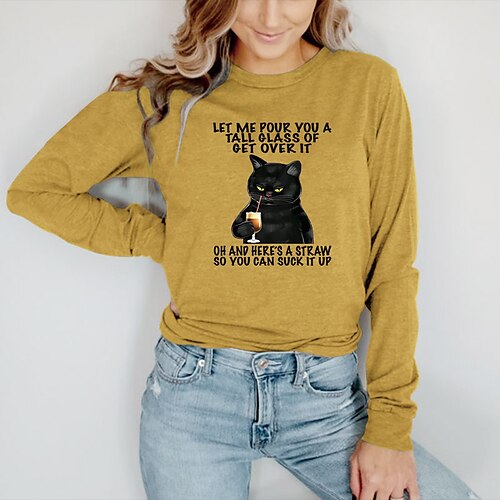 

Women's T shirt Tee Graphic Letter Casual Daily Holiday Cat T shirt Tee Long Sleeve Print Round Neck Basic Green Blue Yellow S