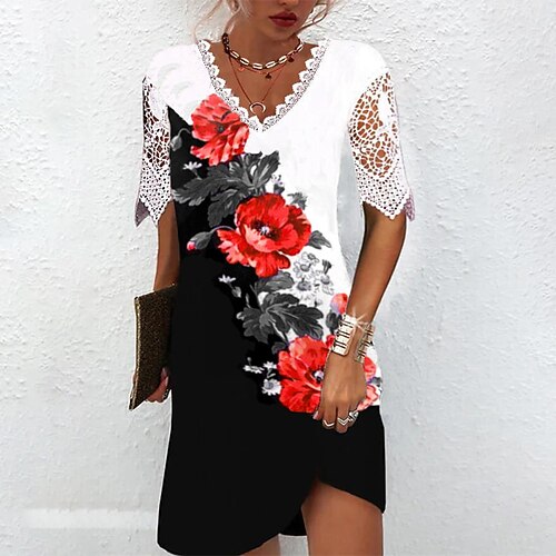 

2022 cross-border autumn new foreign trade women's clothing aliexpress independent station printing lace lace stitching v-neck t-shirt