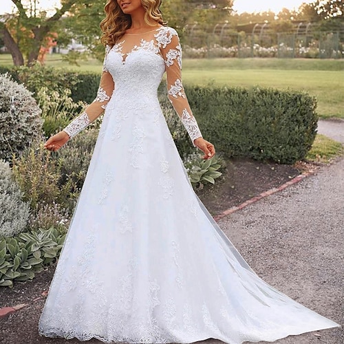 

Schiena scoperta Da cerimonia Abiti da sposa Strascico di corte Da principessa Manica lunga Scollo a Illusione Di pizzo Con Perline Con applique 2023 Abiti da sposa