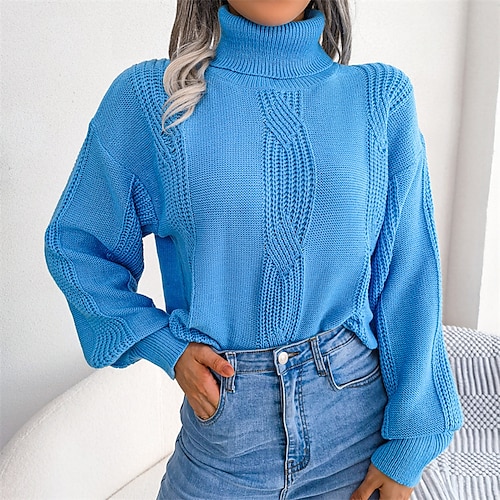 

Women's Pullover Sweater jumper Jumper Cable Knit Knitted Pure Color Turtleneck Stylish Casual Outdoor Daily Winter Fall Blue Brown S M L / Long Sleeve / Regular Fit / Going out