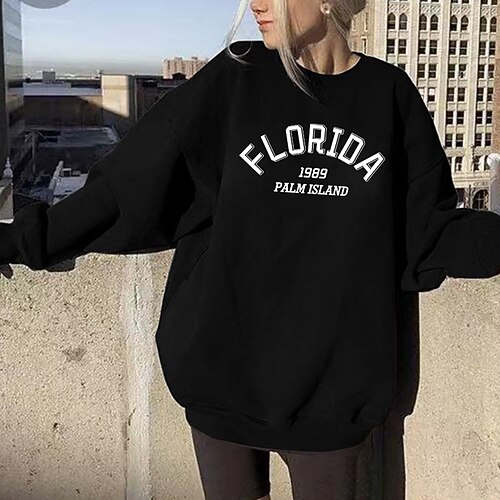 

Women's Pullover Casual Print Green White Black Letter Loose Casual Round Neck Long Sleeve S M L XL XXL 3XL