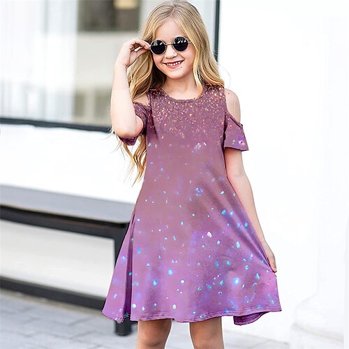 

Kids Little Girls' Dress Graphic A Line Dress Daily Holiday Vacation Print Purple Pink Above Knee Short Sleeve Casual Cute Sweet Dresses Spring Summer Regular Fit 3-12 Years