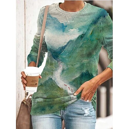 

Women's T shirt Tee Graphic 3D Casual Weekend Abstract Painting T shirt Tee Long Sleeve Print Round Neck Basic Green S / 3D Print