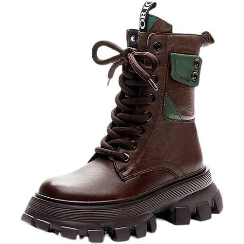 

Women's Boots Daily Combat Boots Booties Ankle Boots Chunky Heel Round Toe Vintage Casual Walking Shoes Leather Lace-up Color Block Black Brown