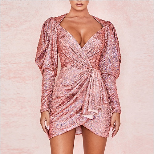 

Sheath / Column Party Dresses Sparkle & Shine Dress Prom Short / Mini Long Sleeve V Neck Sequined with Sequin Pure Color 2022