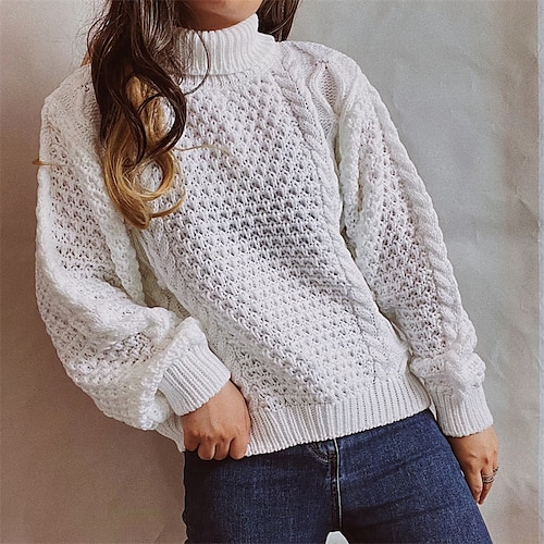

Women's Pullover Sweater Jumper Cable Knit Knitted Pure Color Turtleneck Stylish Casual Home Daily Fall Winter White Pink S M L / Long Sleeve