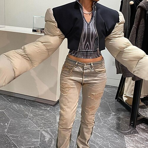 

Women's Winter Jacket Winter Coat Parka Warm Comfortable Street Vacation Going out Patchwork Zipper Pocket Zipper V Neck Fashion Comfortable Street Style Color Block Regular Fit Outerwear Long Sleeve