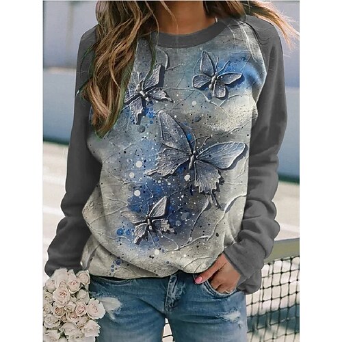 

Women's Pullover Ethnic Casual Vintage Print Gray Butterfly Casual Round Neck Long Sleeve S M L XL XXL 3XL