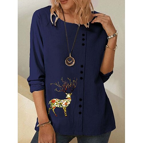 

Women's T shirt Tee Reindeer Daily Weekend Painting T shirt Tee Long Sleeve Button Print Round Neck Basic Blue Khaki Navy Blue S / 3D Print