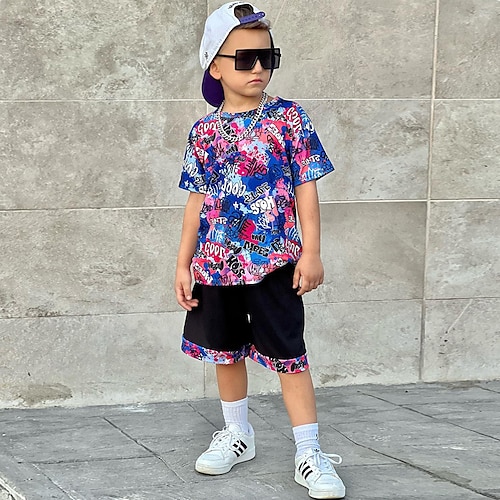 

2 Pieces Kids Boys T-shirt & Shorts Clothing Set Outfit Letter Short Sleeve Set Street Casual Comfort Spring Summer 2-8 Years Blue