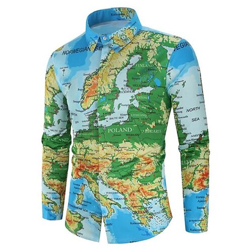 

Men's Shirt 3D Print Map Turndown Street Casual Button-Down Print Long Sleeve Tops Designer Casual Fashion Breathable Blue Light Blue