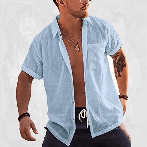 

Men's Shirt Solid Color Turndown Blue White Street Casual Short Sleeve Button-Down Clothing Apparel Fashion Casual Comfortable Beach