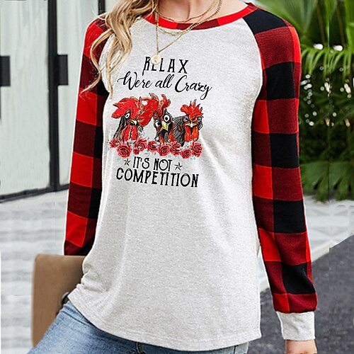 

Women's T shirt Tee Plaid Text Rose Casual Weekend Painting T shirt Tee Long Sleeve Print Round Neck Basic White Black Gray S