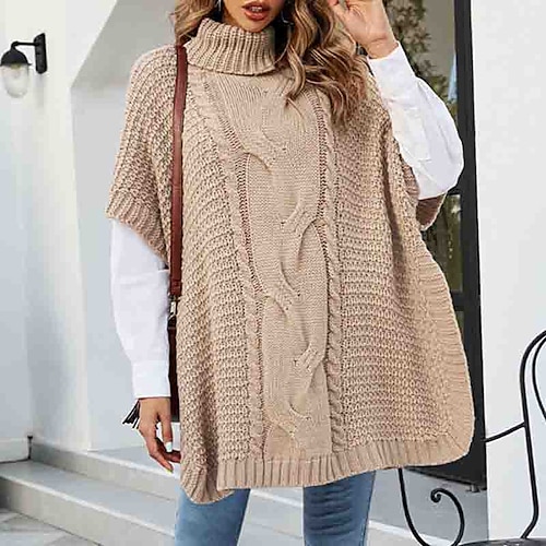 

Women's Poncho Sweater Jumper Cable Knit Split Knitted Pure Color Turtleneck Stylish Casual Outdoor Daily Winter Fall Khaki Beige S M L / Holiday / Regular Fit / Going out