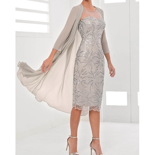 

Women's Dress Set Two Piece Dress Sheath Dress Midi Dress Gray 3/4 Length Sleeve Embroidery Embroidered Winter Fall Crew Neck Modern 2022 S M L XL 2XL 3XL