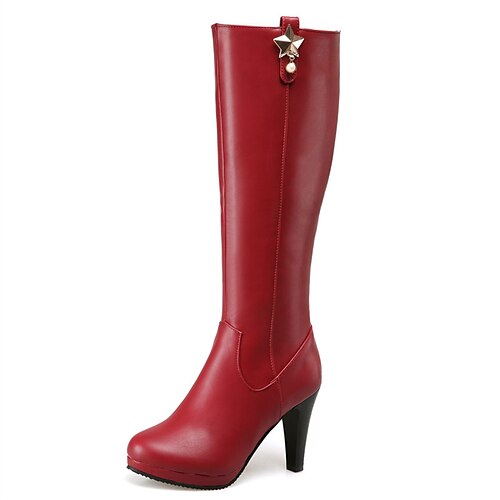 

Women's Boots Daily Knee High Boots Winter High Heel Chunky Heel Round Toe Casual PU Leather Zipper Solid Colored Wine Black White