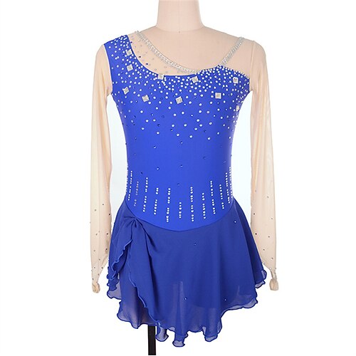 

Figure Skating Dress Women's Girls' Ice Skating Dress Blue Thumbhole High Elasticity Training Competition Skating Wear Crystal / Rhinestone Long Sleeve Ice Skating Figure Skating / Winter