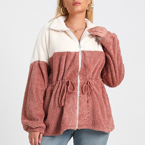

Women's Plus Size Jacket Drawstring Splice Color Block Causal Vacation Long Sleeve Turndown Regular Fall Winter Pink L XL XXL 3XL 4XL
