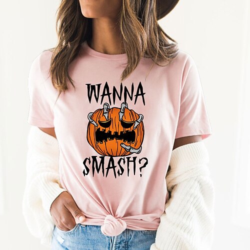 

Women's T shirt Tee Graphic Patterned Pumpkin Letter Halloween Daily Weekend T shirt Tee Short Sleeve Print Round Neck Basic Halloween Green White Pink S