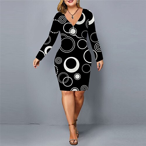 

Women's Plus Size Work Dress Geometric V Neck Print Long Sleeve Fall Winter Stylish Work Short Mini Dress Daily Vacation Dress / 3D Print