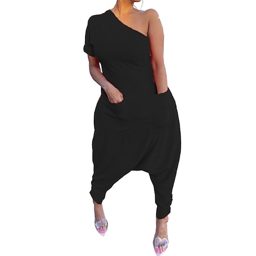 

Women's Jumpsuit Backless Pocket Solid Color One Shoulder Holiday Holiday Going out Regular Fit Short Sleeve Black Pink Red S M L Spring