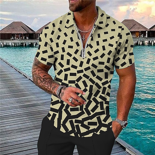 

Men's Collar Polo Shirt Golf Shirt Geometry Turndown Beige 3D Print Outdoor Street Short Sleeves Zipper Print Clothing Apparel Fashion Designer Casual Breathable / Summer / Spring / Summer