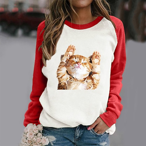 

Women's Sweatshirt Pullover Streetwear Casual Print Black And White Black White Color Block Cat Casual Round Neck Long Sleeve Cotton