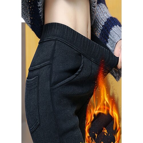 

Women's Fleece Pants Tights Pants Trousers Faux Denim Fleece lined Black High Waist Fashion Daily Going out Stretchy Full Length Tummy Control Solid Color M L XL XXL / Skinny