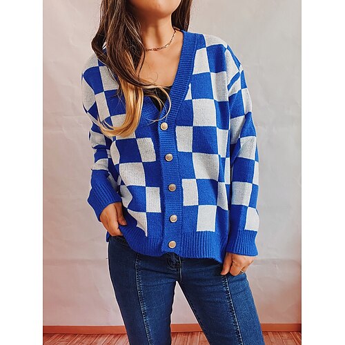 

Women's Cardigan Sweater Jumper Chunky Knit Knitted Plaid V Neck Stylish Vintage Style Home Daily Winter Fall Green Blue S M L / Long Sleeve / Casual / Regular Fit