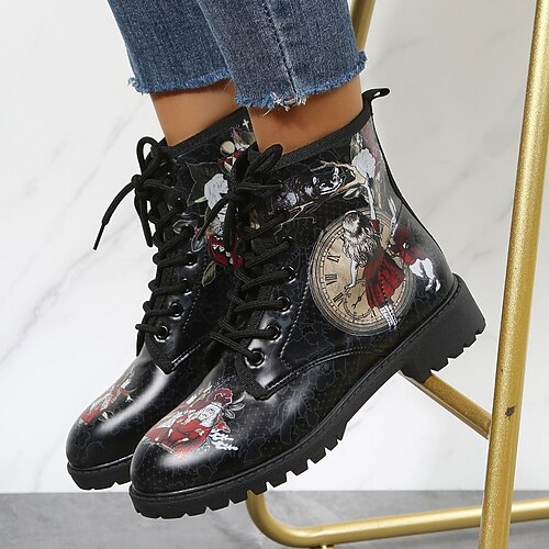 

Women's Boots Daily Lace Up Boots Booties Ankle Boots Winter Lace-up Block Heel Round Toe PU Leather Lace-up 3D Red