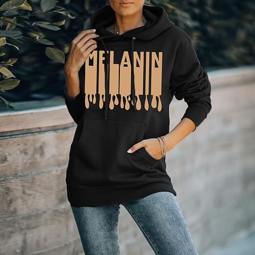 

Women's Pullover Hoodie Sweatshirt Pullover Graphic Text Front Pocket Print Sports Weekend Hot Stamping Casual Athletic Clothing Apparel Hoodies Sweatshirts Black