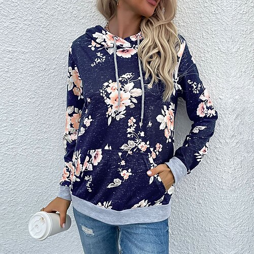 

Sweat à capuche Sweat Femme Vêtement de rue Casual Rouge vin bleu marine Gris foncé Floral Imprime Casual Capuche manche longue S M L XL