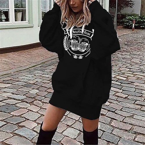 

Women's Shift Dress Short Mini Dress Black Long Sleeve Print Letter Pocket Print Fall Winter Hooded Casual 2022 S M L XL XXL 3XL