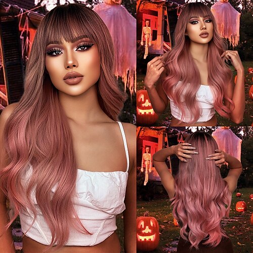 

HAIRCUBE Cosplay Hair Ombre Pink Wavy Wigs With Bangs for Women Halloween