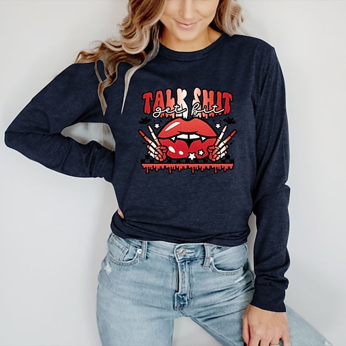 

Women's T shirt Tee Green Blue Yellow Graphic Letter Print Long Sleeve Halloween Casual Halloween Round Neck Regular Cotton S