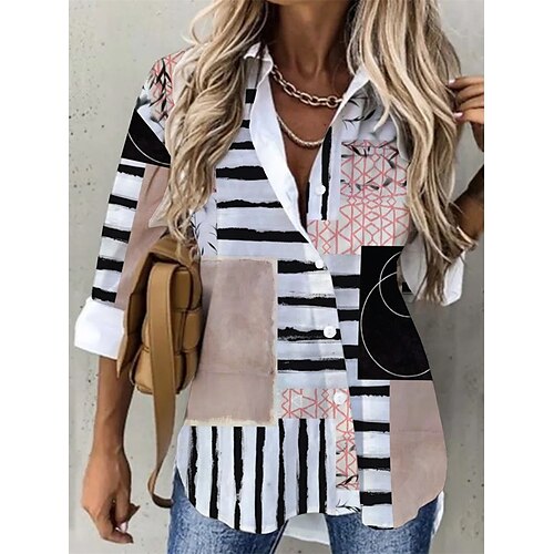 

Women's Shirt Geometric Casual Daily Shirt Long Sleeve Print Shirt Collar Casual White S / 3D Print