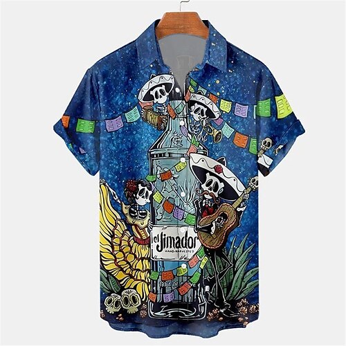 

Men's Shirt Skull Letter Turndown Blue Short Sleeves 3D Print Outdoor Halloween Button-Down Print Tops Fashion Designer Casual Breathable / Summer / Spring / Summer