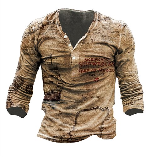 

Men's T shirt Tee Henley Shirt Tee Graphic Letter Henley Brown Long Sleeve 3D Print Plus Size Outdoor Daily Button-Down Print Tops Basic Designer Casual Classic / Summer / Spring / Summer / Sports