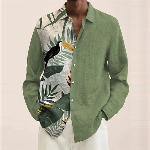 

Men's Shirt Leaves Turndown Green Long Sleeve 3D Print Outdoor Street Button-Down Print Tops Fashion Casual Breathable