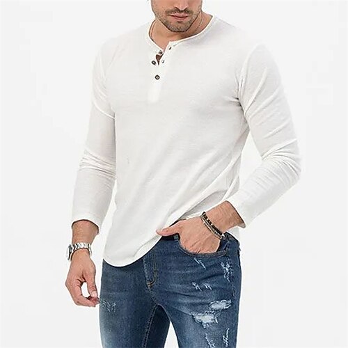 

Men's T shirt Tee Solid Color Crew Neck Street Daily Button-Down Long Sleeve Tops Designer Casual Fashion Comfortable White