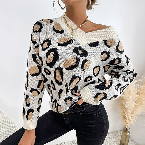 

Women's Pullover Sweater Jumper Ribbed Knit Knitted Leopard V Neck Stylish Casual Daily Holiday Fall Winter Khaki S M L / Long Sleeve