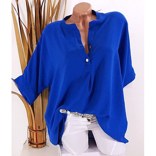 

Women's Blouse Plain Daily Weekend Blouse Shirt Short Sleeve Button Standing Collar Casual Streetwear Green Blue Purple S