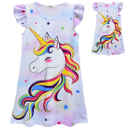 

Kids Little Girls' Dress Unicorn A Line Dress Holiday White Asymmetrical Short Sleeve Princess Sweet Dresses Spring Summer Regular Fit 2-8 Years