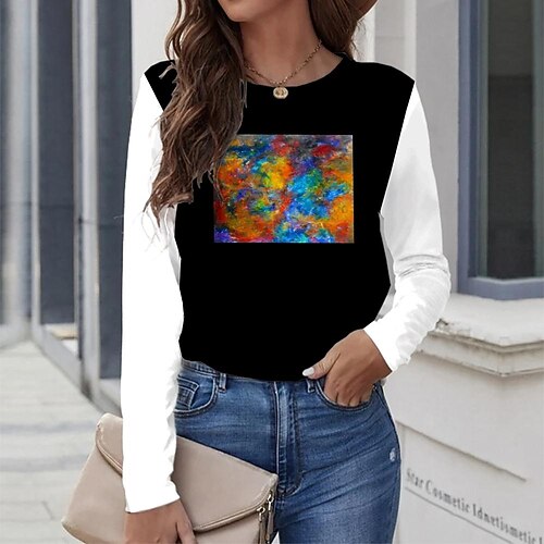 

Women's T shirt Casual Weekend 3D Painting Long Sleeve Print Round Neck Basic Print