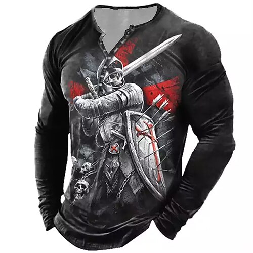 

Men's T shirt Tee Henley Shirt Tee Graphic Skull Henley Black Long Sleeve 3D Print Plus Size Outdoor Daily Button-Down Print Tops Basic Designer Classic Comfortable / Sports