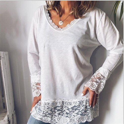 

Women's T shirt Tee White Plain Lace Long Sleeve Daily Weekend Basic Round Neck Regular Loose Fit L