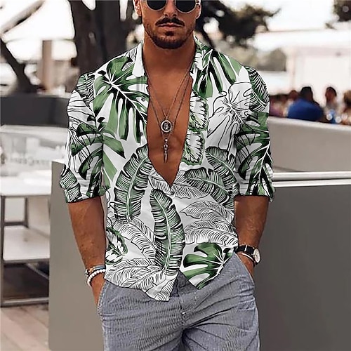 

Men's Shirt Graphic Shirt Leaves Turndown Green 3D Print Outdoor Street Long Sleeve Button-Down Print Clothing Apparel Fashion Designer Casual Breathable