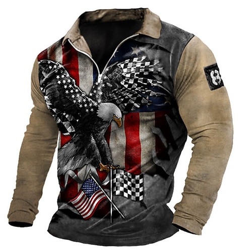 

Men's Collar Polo Shirt Golf Shirt Animal Eagle National Flag Turndown Khaki 3D Print Outdoor Street Long Sleeve Zipper Print Clothing Apparel Fashion Designer Casual Breathable