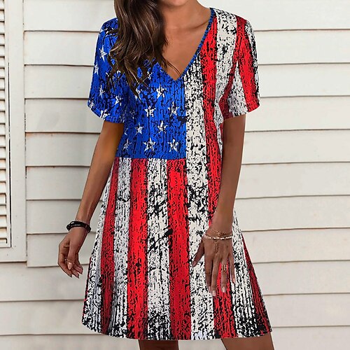 

Women's A Line Dress Short Mini Dress Black Blue Royal Blue Dark Blue Red Short Sleeve Flag Patchwork Print Spring Summer V Neck Casual Loose 2022 M L XL XXL