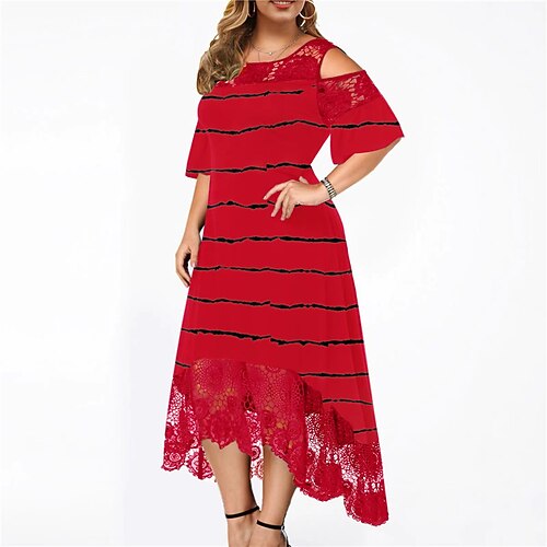 

Women's Plus Size A Line Dress Solid Color Crew Neck Lace Half Sleeve Fall Winter Work Casual Midi Dress Daily Vacation Dress / Print